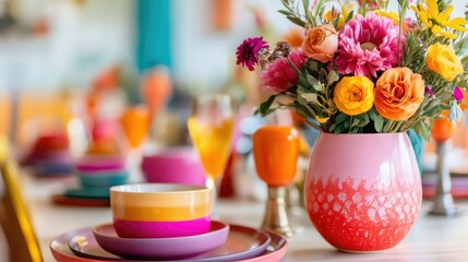 Poster - Bold and colorful orange and pink painted pottery adorning a stylish dining table, radiating artistic flair and modern bohemian vibes