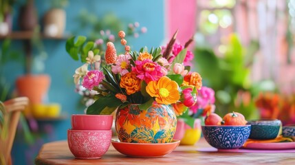 Poster - Bold and colorful orange and pink painted pottery adorning a stylish dining table, radiating artistic flair and modern bohemian vibes