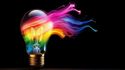 Poster - Brilliant neon light bulb filled with vibrant colorful streams, swirling outward to symbolize artistic vision and innovation
