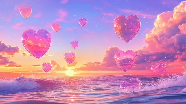 Soft pastel waves meet a sky filled with heart-shaped bubbles, glowing tenderly and creating a peaceful, otherworldly seaside scene