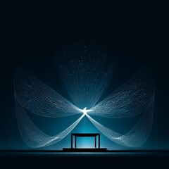 Fototapete - Celestial Stage: A Minimalist Platform Bathed in Ethereal Light and Abstract Line Art on Dark Blue Background.