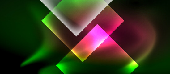 Poster - Abstract geometric shapes overlap, creating vibrant pink, green hues. Background is dark, emphasizing luminosity, modern design elements.