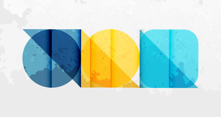 Fototapete - Abstract geometric shapes overlap, creating colorful blocks. Blue, yellow, turquoise hues dominate design. Texture suggests aged paper.