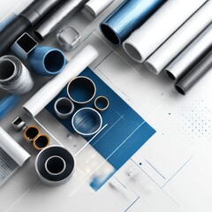 Aufkleber - Abstract Composition of Metal Pipes and Tubes on a Blue and White Surface with Geometric Elements 