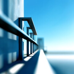 Poster - Architectural Geometry: A Serene View of a Balcony Railing Against a Clear Blue Sky, Emphasizing Perspective and Minimalist Design.