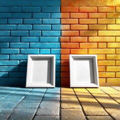 Poster - Contrasting Hues: Two Blank White Frames Against a Blue and Orange Brick Wall, bathed in Sunlight, Create Artistic Potential