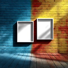 Poster - Two White Frames on a Colorful Brick Wall in an Urban Setting with Sunlight and Shadow Display.