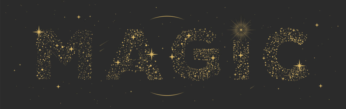 Modern magic witchcraft astrology background with glittering letters on space background. Vector illustration