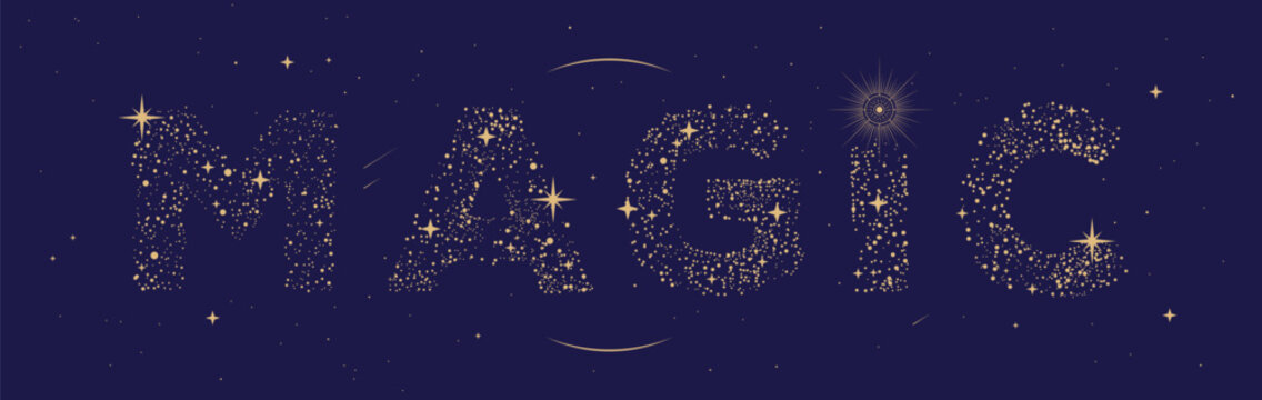 Modern magic witchcraft astrology background with glittering letters on space background. Vector illustration