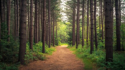  Path Through Majestic Pine Woodland: Towering Evergreens and the Scent of Pine Needles in a Serene Backdrop