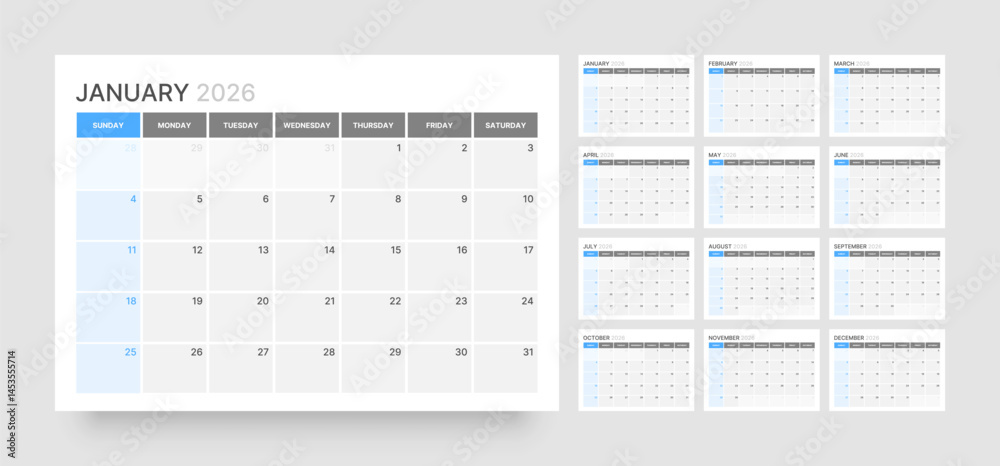 Monthly calendar layout for 2026 year. Diary planner for 2026 year ...