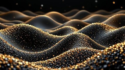 Poster - Dynamic flow of golden particles abstract landscape digital art dark background close-up view aesthetic beauty and motion