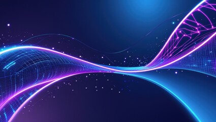 Poster - Abstract futuristic digital neon wave illustration. This vibrant artwork features flowing lines of light in shades of blue and purple against a dark background.