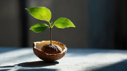 miniature tree planted in walnut shell with soft shadows, concept of nurturing and development