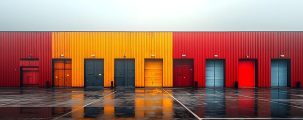 Poster - Vibrant shipping dock with colorful warehouse doors