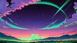 © Miss - anime pink clouds and night star sky wallpaper landscape with mountains and clouds, desktop wallpaper, anime illustration