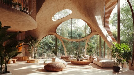 Poster - Airy architectural space with gentle curves and nature-inspired elements like potted plants and woven textures