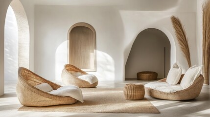 Fototapete - Bright open room with flowing curved lines and subtle natural textures like linen and rattan details