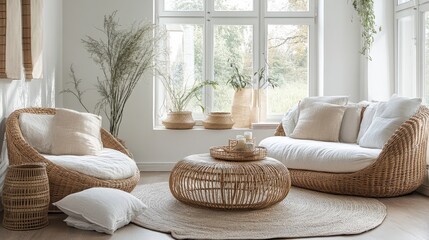 Fototapete - Bright open room with flowing curved lines and subtle natural textures like linen and rattan details