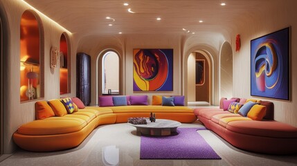 Fototapete - Creative interior setup with modular curved sofas, vibrant artwork, and ambient spotlights