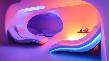 Poster - Futuristic room with flowing curved seating design, neon lighting accents, and a vibrant color scheme