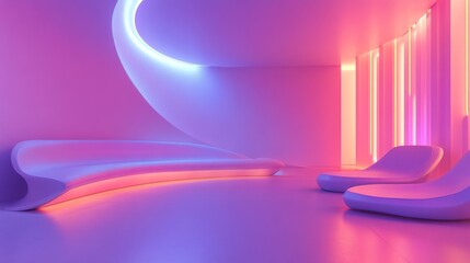 Poster - Futuristic room with flowing curved seating design, neon lighting accents, and a vibrant color scheme