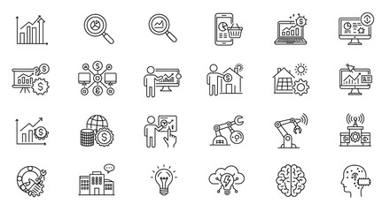Poster - A precise  grid of ultra-smooth thin line art icons depicting business and technology concepts. Each icon features