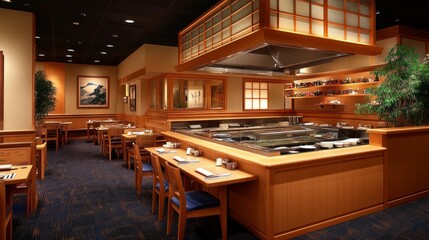Poster - Light-filled Japanese restaurant space with wood grain highlights and subtle integrated lighting