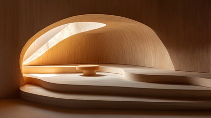 Fototapete - Minimal space defined by rounded shapes and gentle contrasts in wood, stone, and soft lighting