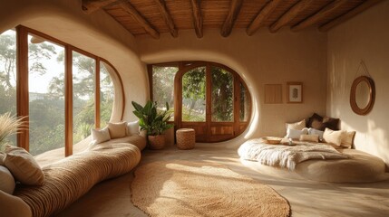 Poster - Room with organic flow, curved ceiling lines, and natural fiber accents under soft morning light