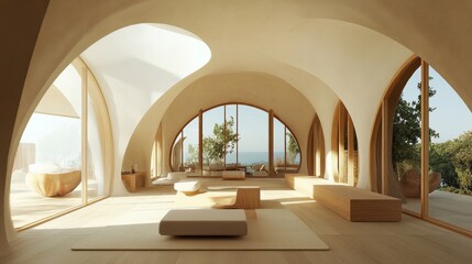 Fototapete - Simple design with arched cutouts and pale wood accents in a calming, naturally lit open interior