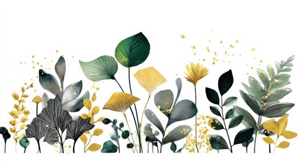 Aufkleber - Hand-drawn Botanical Illustration Featuring Diverse Plants in Various Colors on a White Background Generative AI