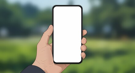 Poster - Cartoon Hand Holding a Smartphone with Blank White Screen for App or Website Promotion against a Green Blurred Scenic Background