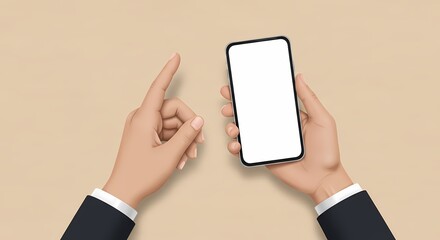 Poster - Hand interacting with mobile phone, showcasing a blank screen for adaptable content inclusion and application mockups on a neutral backdrop
