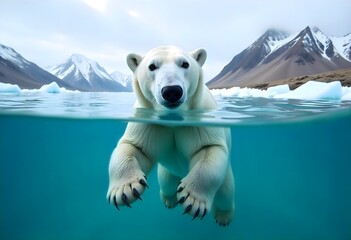 cute polar bear peeking above ocean water in arctic scene