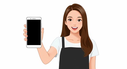 Poster - Digital illustration of a young woman presenting a smartphone with a blank screen, wearing an apron for showcasing mobile application and platform