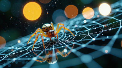 A close-up shows a spider on its web. The web is blue with light reflecting off of it. Bokeh lights are in the background.