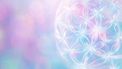 Poster - Abstract Floral Sphere Pattern with Pastel Iridescent Light Background Design Featuring Flower of Life Geometric Shapes and Elegant Decorative Ornaments in Ethereal Style