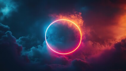 Aufkleber - Abstract Glowing Circle Surrounded by Clouds in Blue Orange Colors Perfect for Backgrounds and Futuristic Designs with Sci-Fi Element