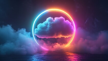 Aufkleber - Abstract Glowing Neon Circle Framed Blue and Pink Cloud Floating Above Water Surface in Dark Background Under Night Sky Stars