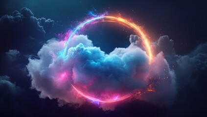 Poster - Abstract Luminous Ring Floating Above Clouds Against Dark Sky with Shimmering Lights and Ethereal Atmosphere in Dreamy Night