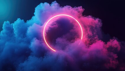 Poster - Abstract Neon Circle Surrounded by Pink and Blue Smoke Creating a Futuristic and Vaporwave Aesthetic with Glowing Effects on a Dark Background