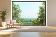 © onzon - Modern contemporary style living room with large window overlooking nature view 3d render