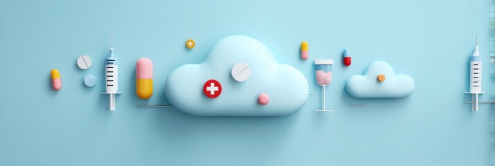 Poster - Floating Medical Icons in a Cloud Formation Showcasing Pills, Syringes, and a Medical Cross on a Soft Blue Background Generative AI