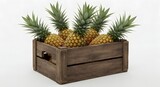 pineapple in a box, wooden box with pineapple isolated on white background