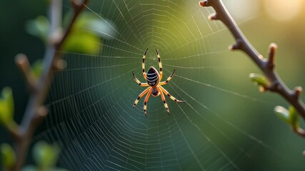 Spider sitting on web between tree branches outdoors  
