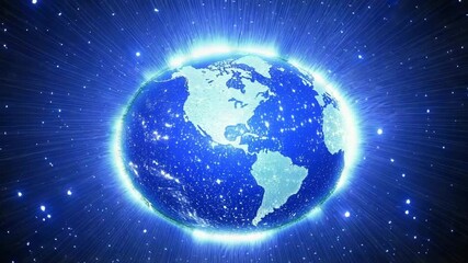 glowing blue earth with radiating light streaks in starry space