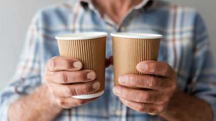 Poster - Man is holding two cups, one of which is empty. The other cup is filled with coffee