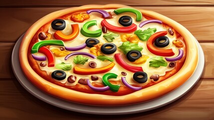  Fresh cooked vegetarian pizza with colorful vegetable toppings including black olives, green peppers, red onions, lettuce, and melted cheese on a wooden table