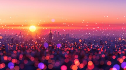Poster - Cityscape at sunset with digital light dots floating above skyline symbolizing data transmission across connected regions in ecommerce expansion using AI-driven global network infrastructure.